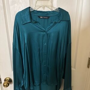 Zara Turquoise Satin Button Down Shirt